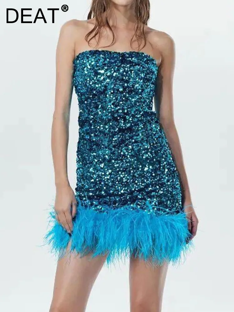 

DEAT Fashion Women's Dress Slash Neck Backless Slim Spliced Feather Sleeveless High Waist Blue Dresses Spring 2023 New 17A5893