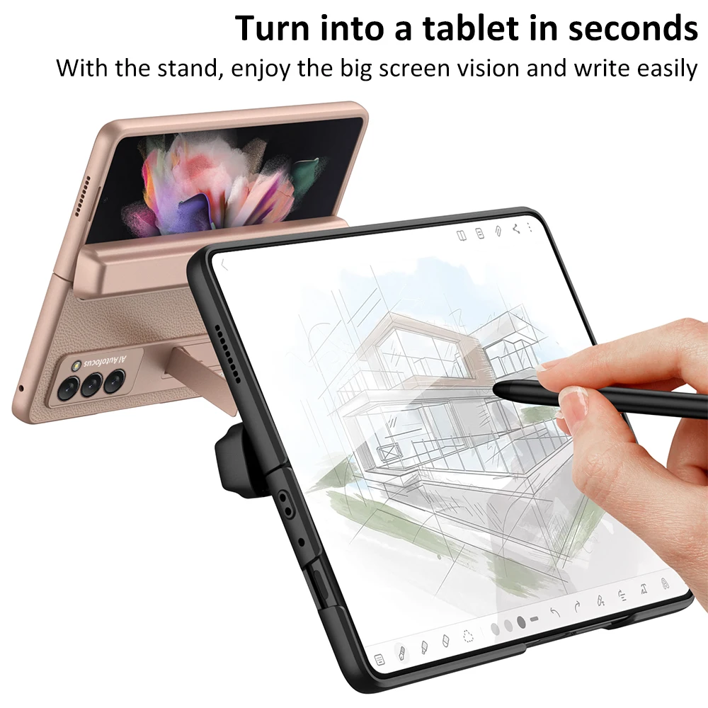 Plain Leather Magnetic Hinge Box Case for Samsung Galaxy Z Fold 2 5G S Pen Slot Holder Kickstand Hard Cover With Touch Pen
