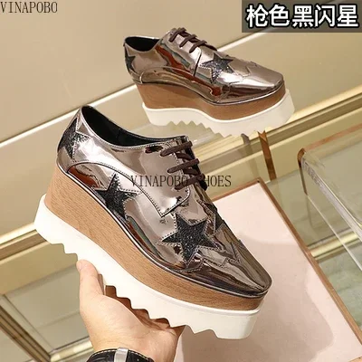 vinapobo New Genuine Leather Stars Shoes Bottom Platform Square Head Women Casual Breathable Waterproof Wedges Sneakers