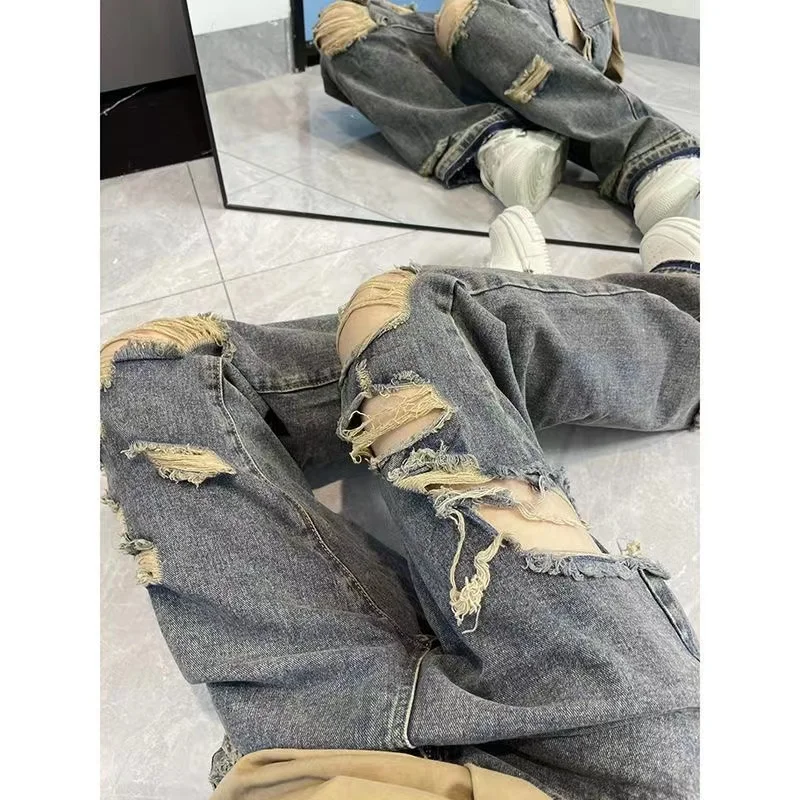 American High Street Tide Ins National Tide Loose Wide Leg pants Harajuku  Ripped High Street Baggy Jeans Female