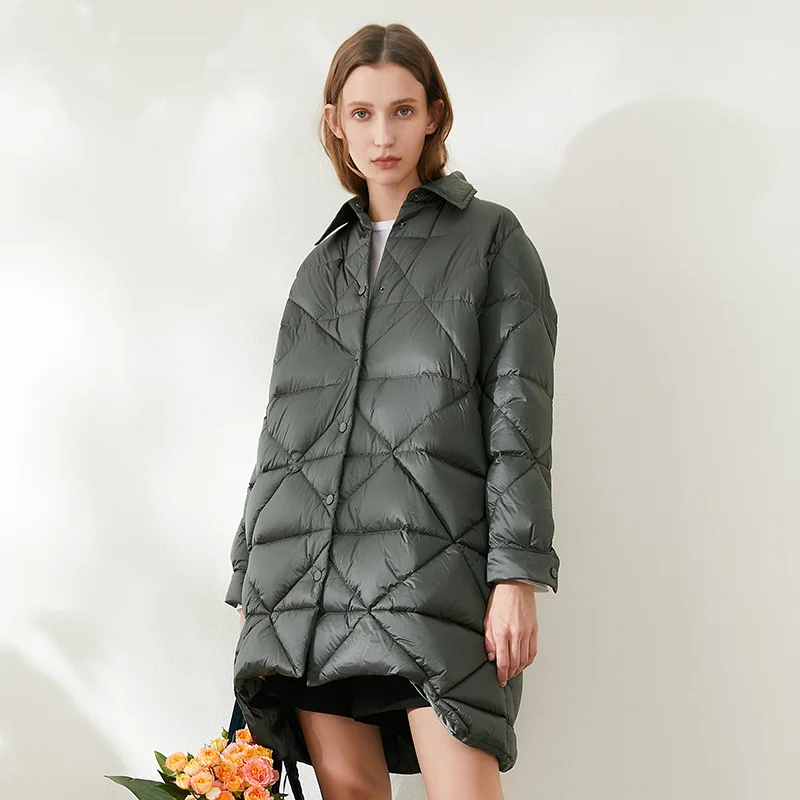 Miiccbeirn 2022 Winter 90 White Long  Duck Down Coat For Women Diamond Check Jacket ZHK84130