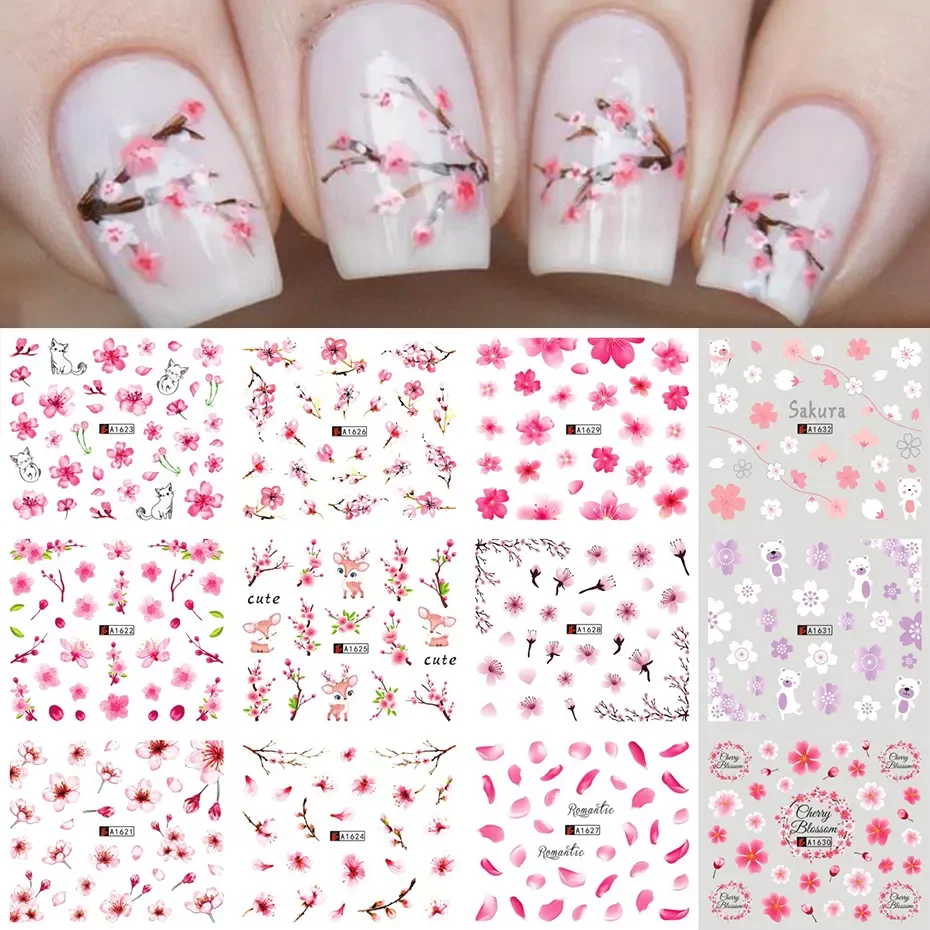 

Sakura Cherry Blossoms Water Nail Stickers Flower Leaf Cat Deer Sliders For Nails Spring Manicure Decorations LYA1621-1632