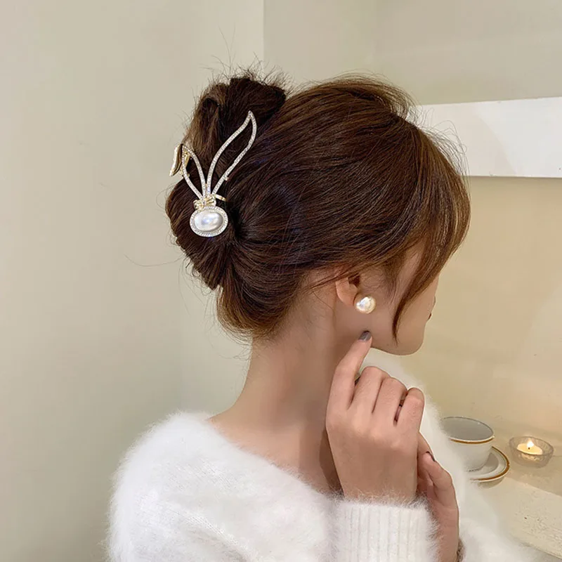

New Vintage Metal Rabbit Gripping Clip Hair Claw For Women Full Rhinestones Pearls Hair Clip Barrettes Hairpin Hair Accessories