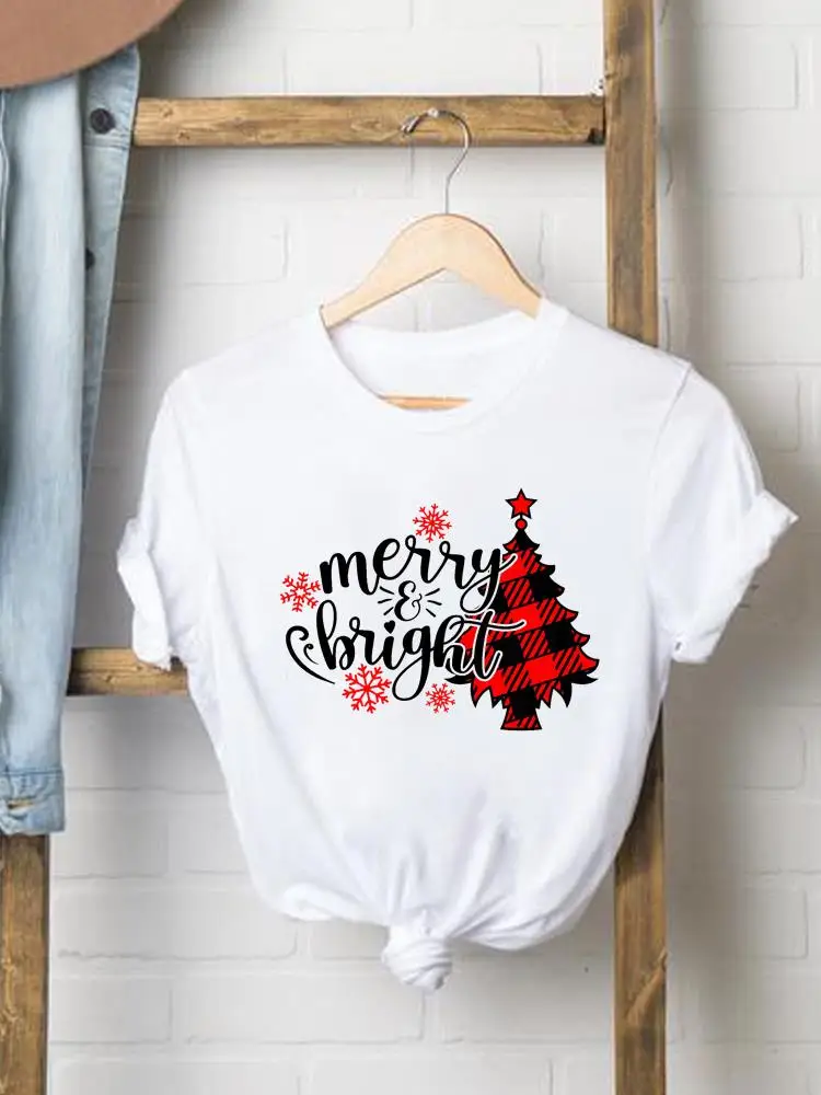 

Рождественская Веселая Праздничная клетчатая елка, милая модная графическая футболка с круглым вырезом и принтом, женская одежда на новый год, Женская Повседневная рубашка, футболка
