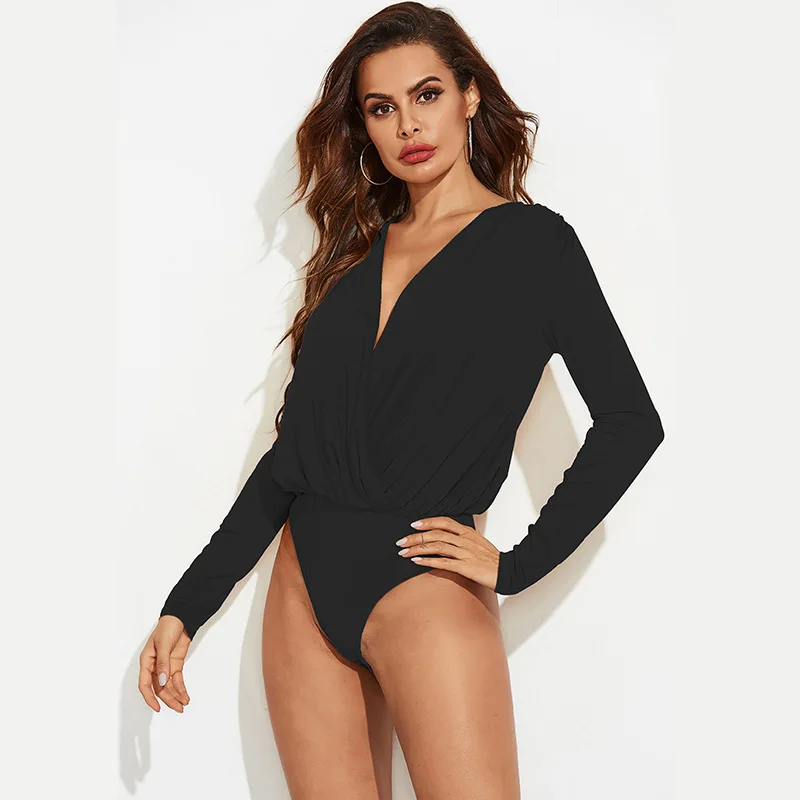 

Fashion sexy deep V-neck jumpsuit long sleeve irregular bottoming shirt