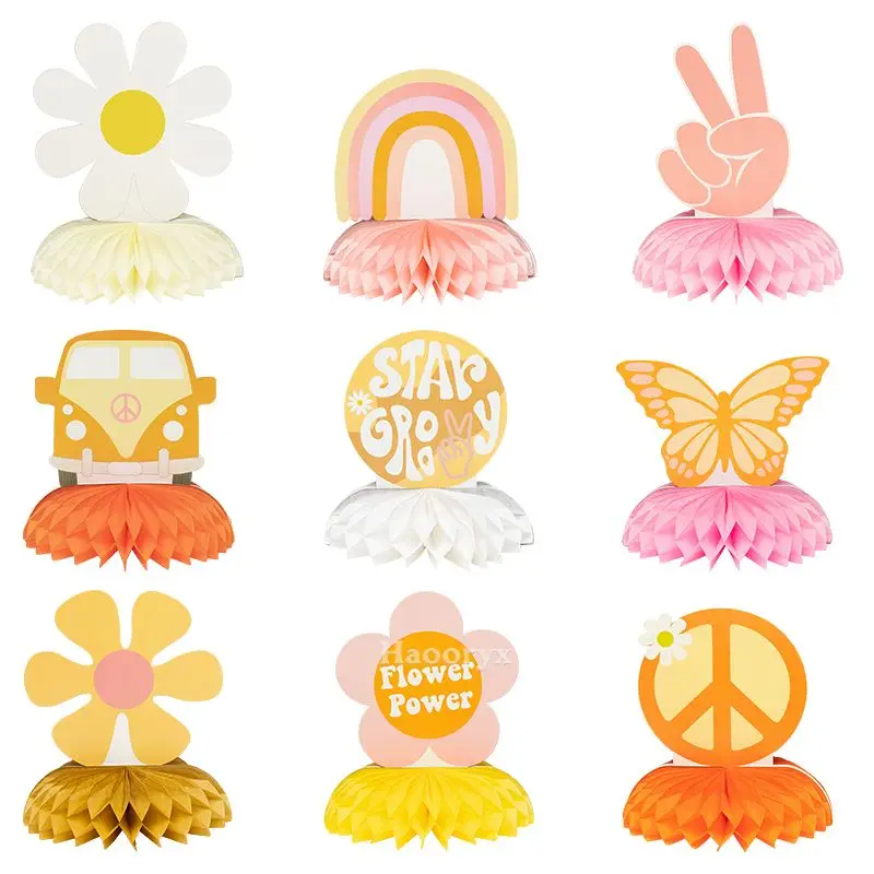 

9Pcs Groovy Retro Honeycomb Centerpieces Hippie Boho Party Favors for Teens Daisy Butterfly Desktop Ornament Home Birthday Decor