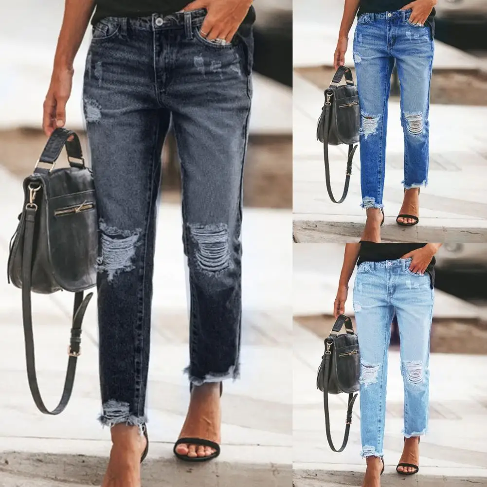 

Casual Ripped Jeans Solid Color Distressed Summer Ripped Tassels Distressed Jeans