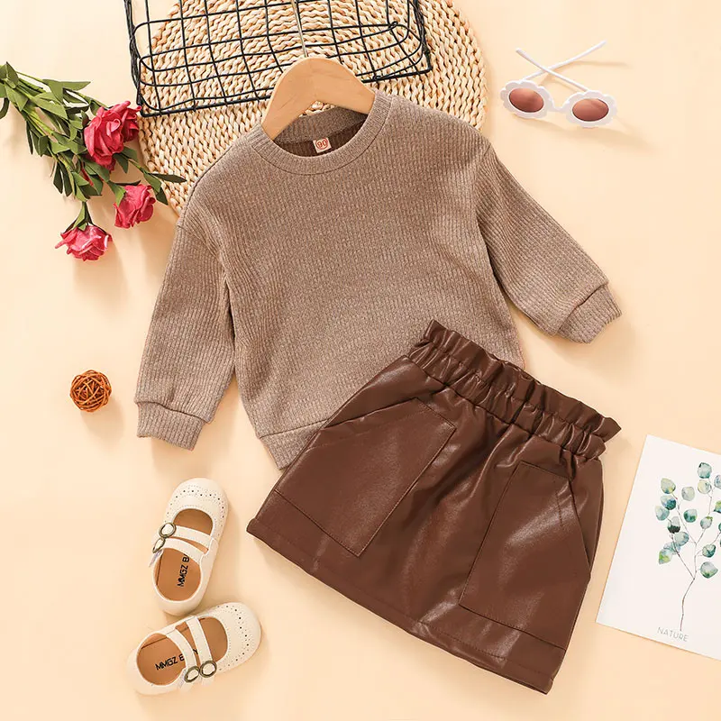 

hibobi Toddler Girl Solid Color Long Sleeves Sweater Leather Skirt Baby Girl Newborn Clothes Baby Girls Baby Girl Outfit Set
