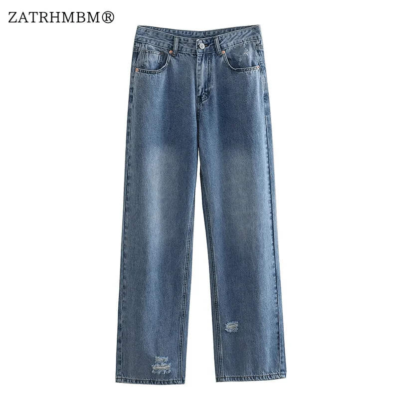 

ZATRHMBM Women 2023 Summer New Fashion Hole Casual Jeans Vintage Side Pockets Zip Fly High Waist Female Trousers Mujer