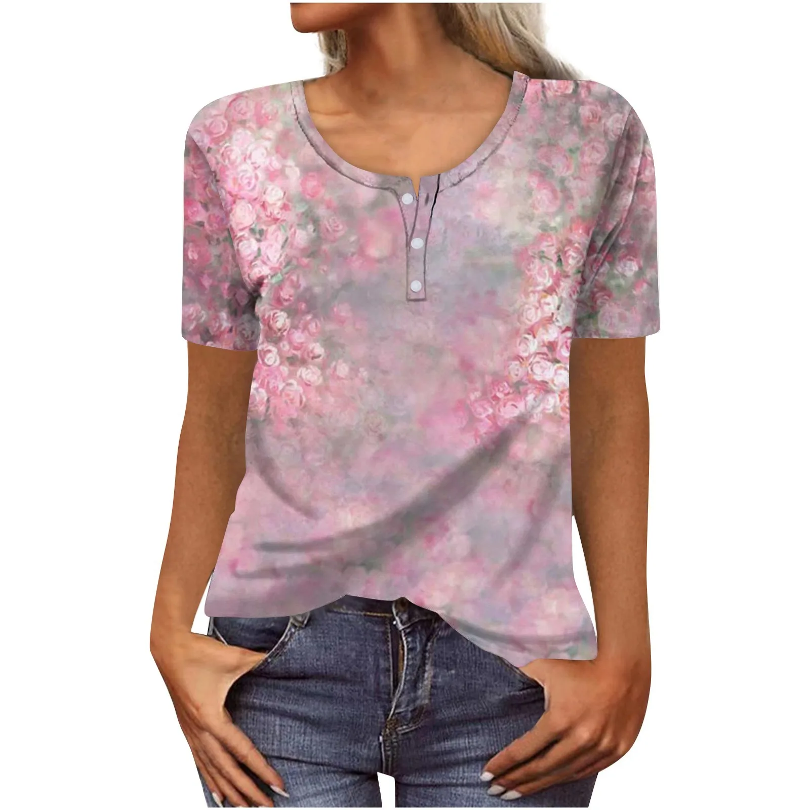 

Women's Summer Casual Printed Button Round Neck t-shirts women fashion Short Sleeve fit T-Shirt Top comfort tee t-shirts 2023