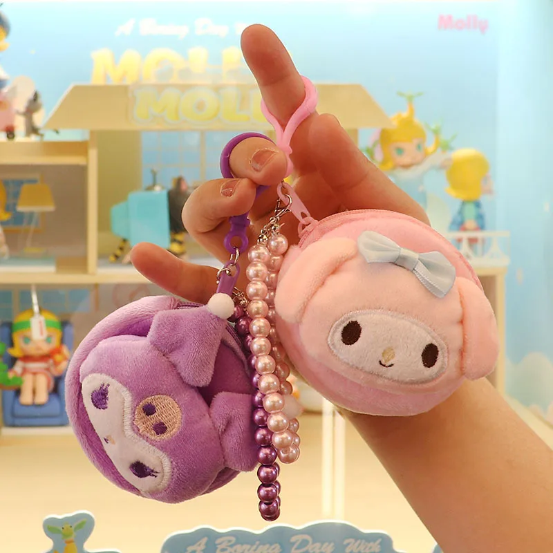 

Новая Милая круглая мини-сумка Sanrio для гарнитуры Kuromi Melody, милая сумка для монет с куклой головой, красочный жемчужный браслет, цепочка для кл...