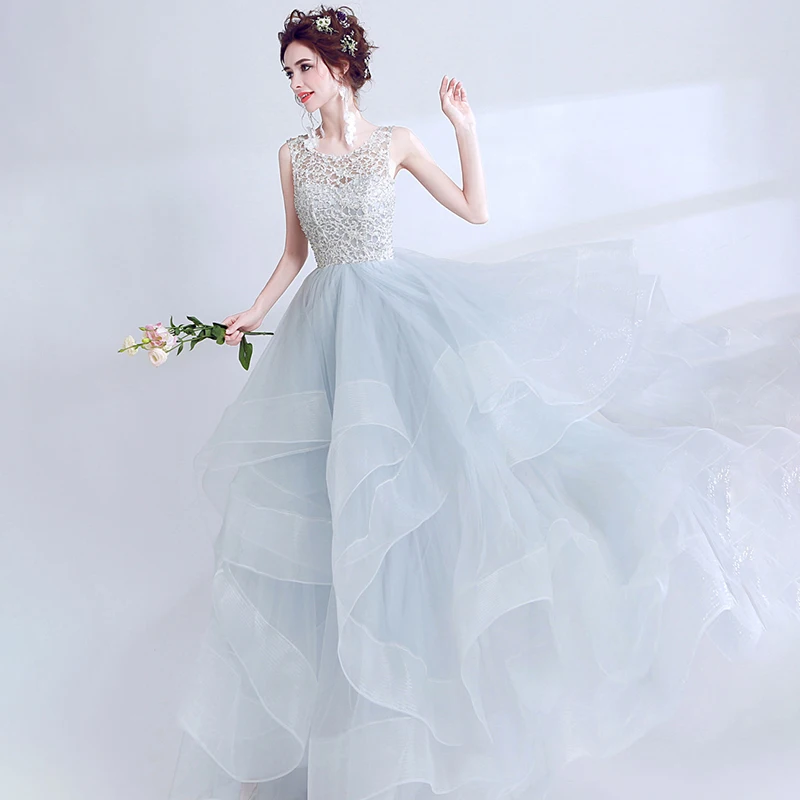 

Evening Dress O-Neck Appliques Ruched A-Line Empire Sleeveless Backless Floor-Length Elegant Plus Size Women Formal Gowns TS071