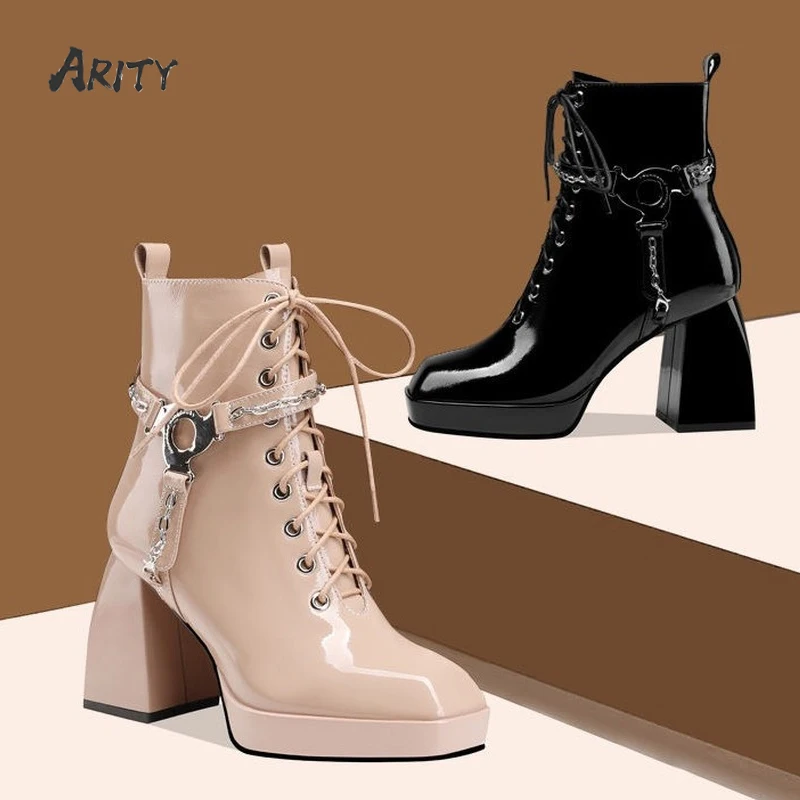 

Quality Women Square Toe Ankle Boots 2021 Ladies Patent Leather Short Martin Boots Woman Zipper Thick High Heels Fashion Shoes
