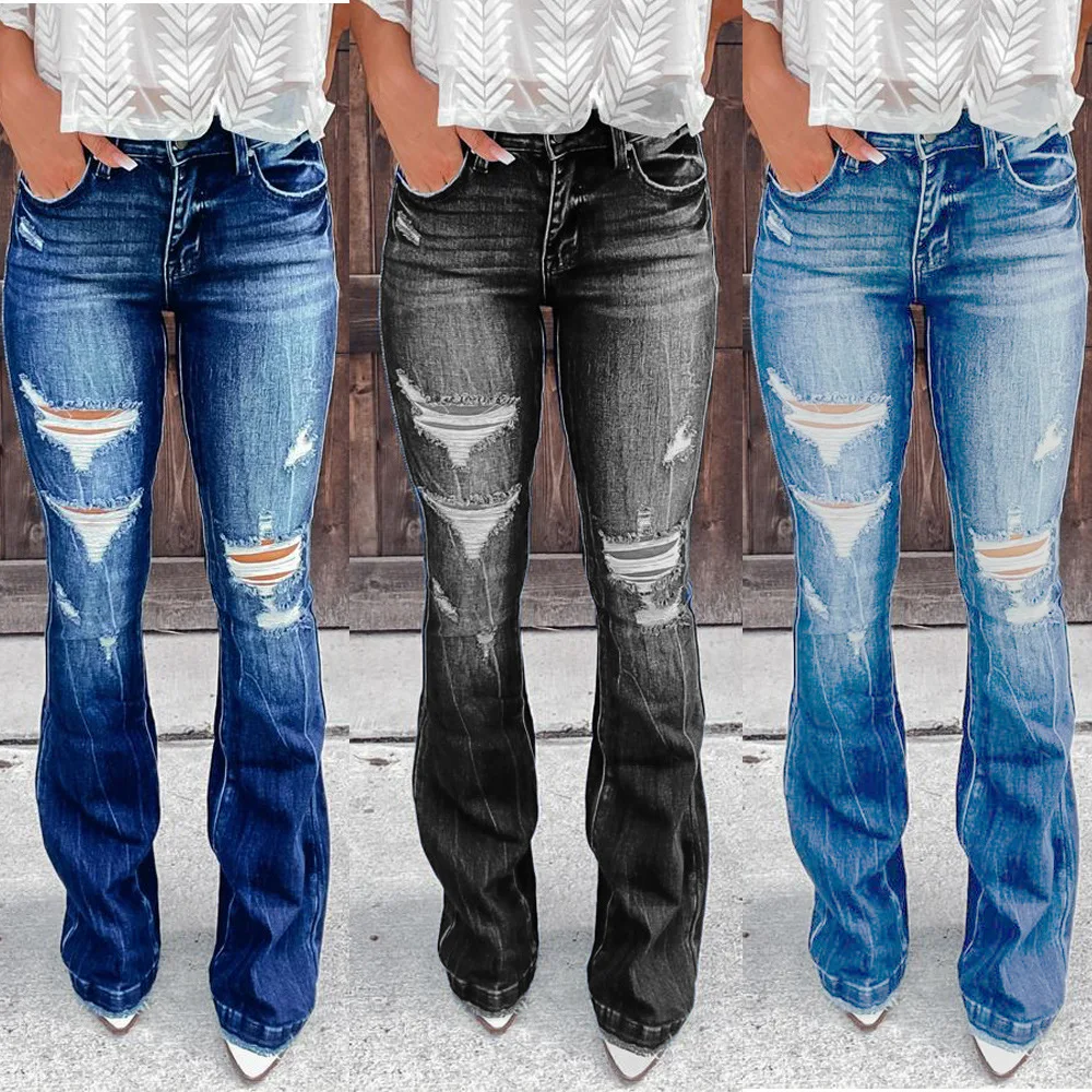 Women Retro Ripped Jeans Stretch Slim Bootcut High Waist Vintage Mom Denim Flare Jeans Blue Female Casual Streetwear Trousers