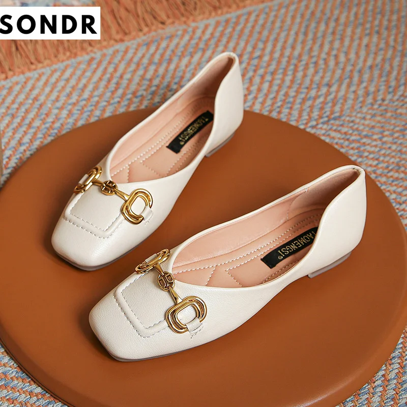 

Plus Size 42 43 Women Sofy Leather Loafers Metal Buckle Square Balet Flats Low Heel Pumps Slip on Shoes Female Leisure Shoes