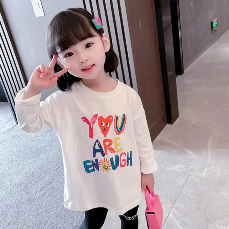 

2022 Kids White Long Sleeve T-shirt Spring New Arrival Cotton Print Long Tops Children Clothes Girl Casual Shirts For 2-7Yrs