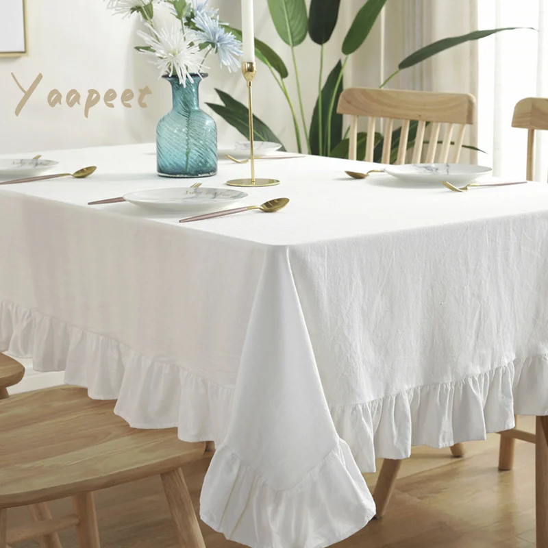 

European Retro Ruffle Tablecloth Cotton Linen White Gray Restaurant Hotel Table Cover Rectangular Round Square Desk Decoration
