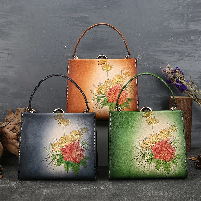 Handbag For Women Designer Luxury Genuine Leather Retro Flower Printing Lock Hasp Tote Large Capacity Elegant Clutch Evening Bag