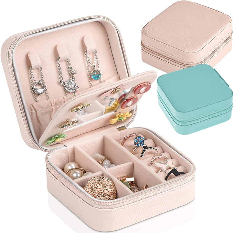 Jewelry Organizer PU Leather Storage Box With Mirror Travel Portable Earring Holder Display Flannel Jewelry Box Women Girl Gift