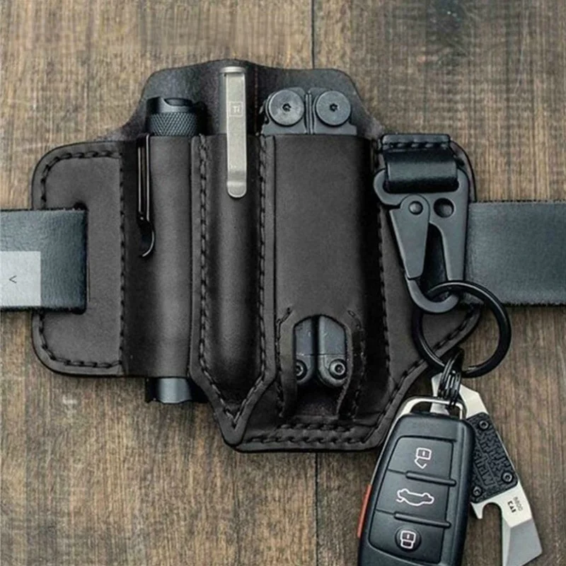 Multitool Sheath for Belt Leather Sheath for Man EDC Pocket Organizer Tool Pouch with Pen Holder Key Fob Pouch