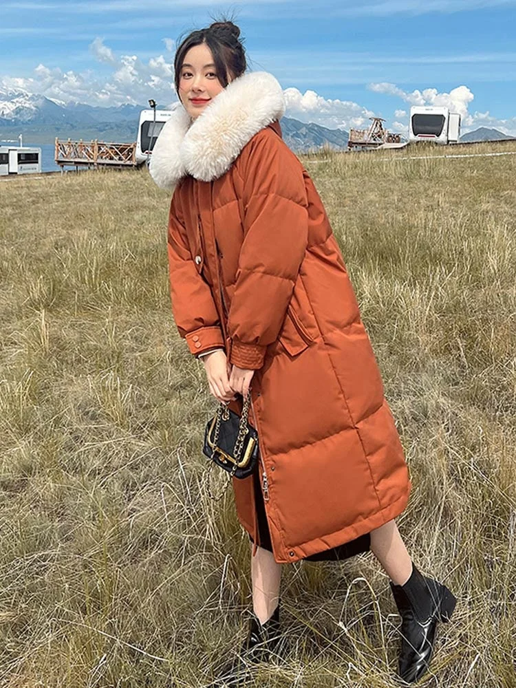 2022 Winter New Women Fur Hooded Long Jacket Parka Warm Cotton Padded Clothes Fashion Loose Coat Elegant Lady Outwear
