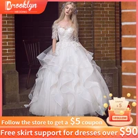 gorgeous scoop half sleeves wedding gowns sexy sheer neck ball gown lace bridal dress with ruffles robe de mairage