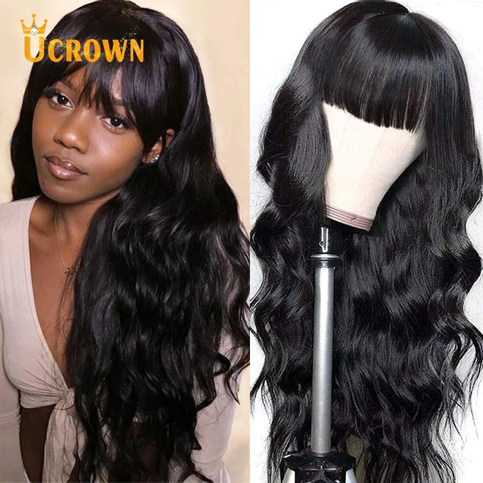 

Ucrown волнистые человеческие волосы парик с челкой Бразильские 30 дюймовые волосы Remy для женщин полностью машинное изготовление безклеевые парики 180 плотность