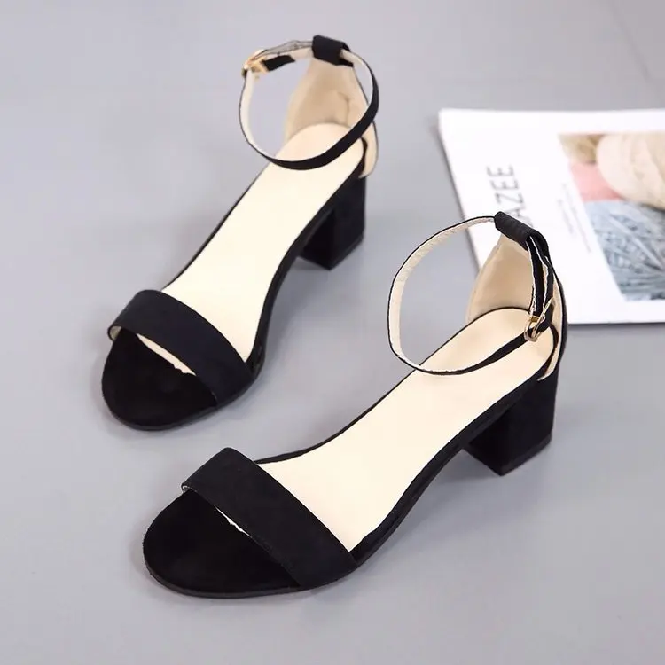 

Women's Shoes 5.5CM High Heel 2022 Summer Black Student Shoes Sandals Rome with High Heel Thick Buckle Sandalias De Tacon