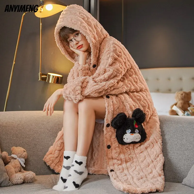 Nude Pink Teddy Fluffy Robes for Women Winter Thermal Hoodies Robe for Girl Kawaii Bear Bathrobe for Woman Warm Lady Sleepwear