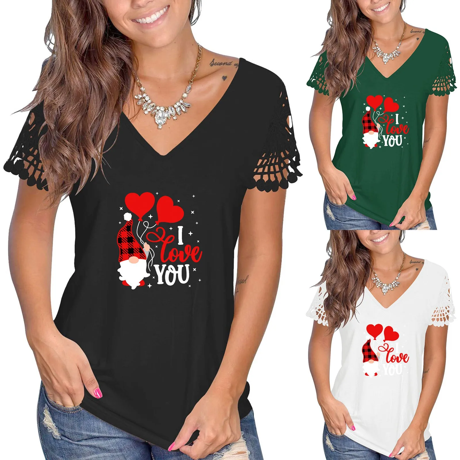 

Женская футболка с коротким рукавом, Повседневная летняя футболка с V-образным вырезом и кружевным принтом на День святого Валентина
