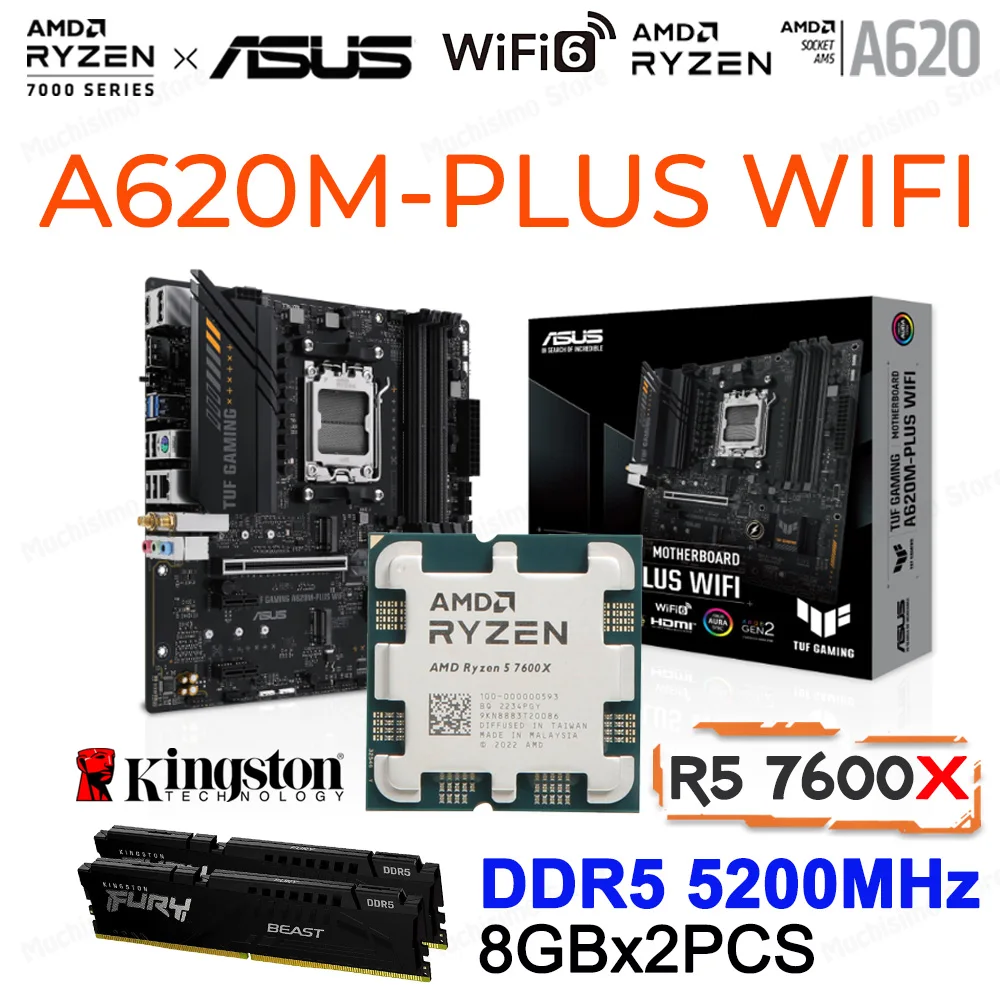 

Asus TUF GAMING A620M-PLUS WIFI DDR5 AM5 Motherboard Combo R5 7600X CPU Ryzen Kit R5 7600X DDR5 Memory 16GB RAM Desktop AMD A620