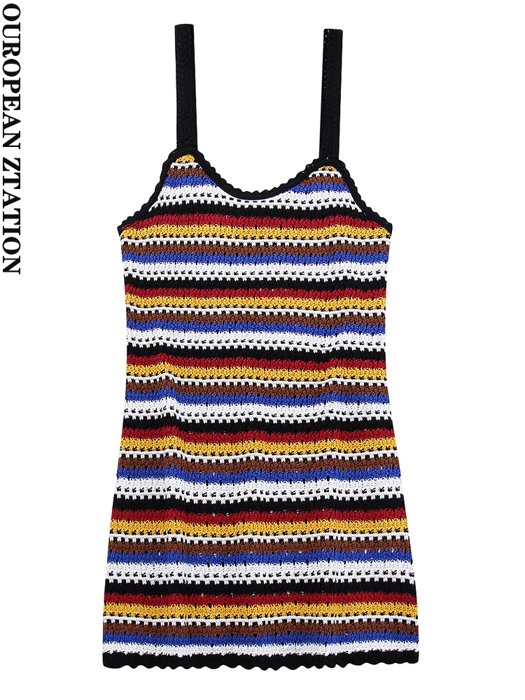 

PAILETE Women 2023 fashion striped crochet knit mini dress sexy backless wide straps female dresses vestidos mujer