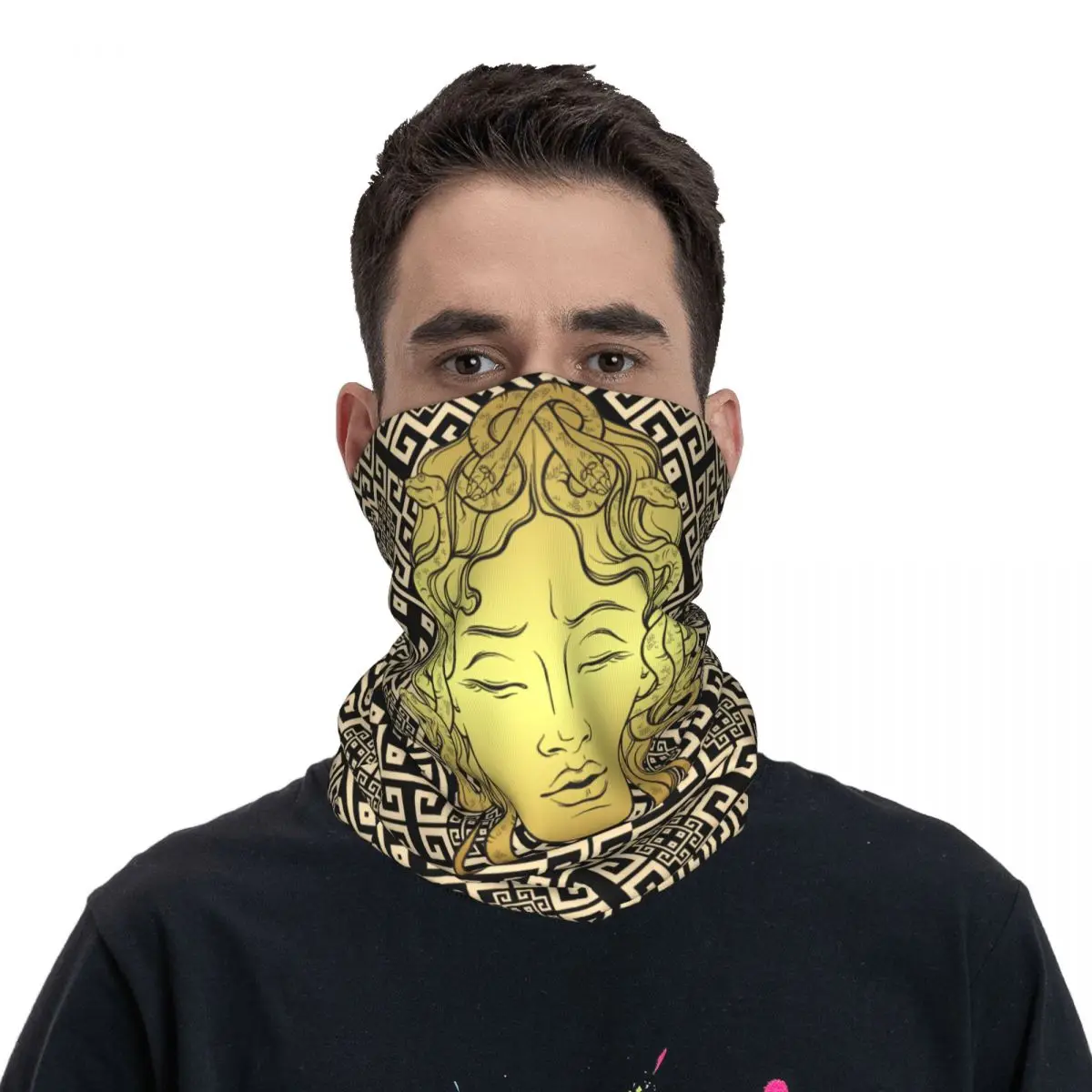 

Medusa Golden Greek Key Meander Bandana Neck Gaiter Printed Wrap Scarf Warm Face Mask Outdoor Sports Unisex Adult Breathable