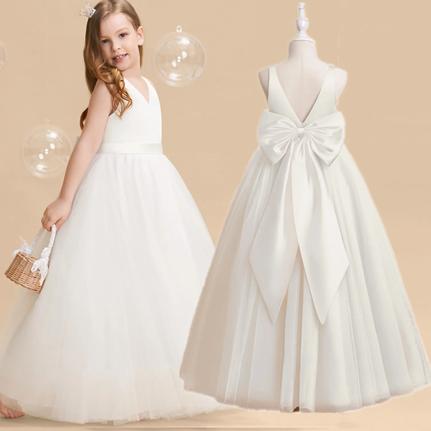 

Elegant Girl Party Princess Dress 5-14T Children White Big Bow 1st Communion Tulle Long Gown Bridesmaid Girl Dresses for Wedding