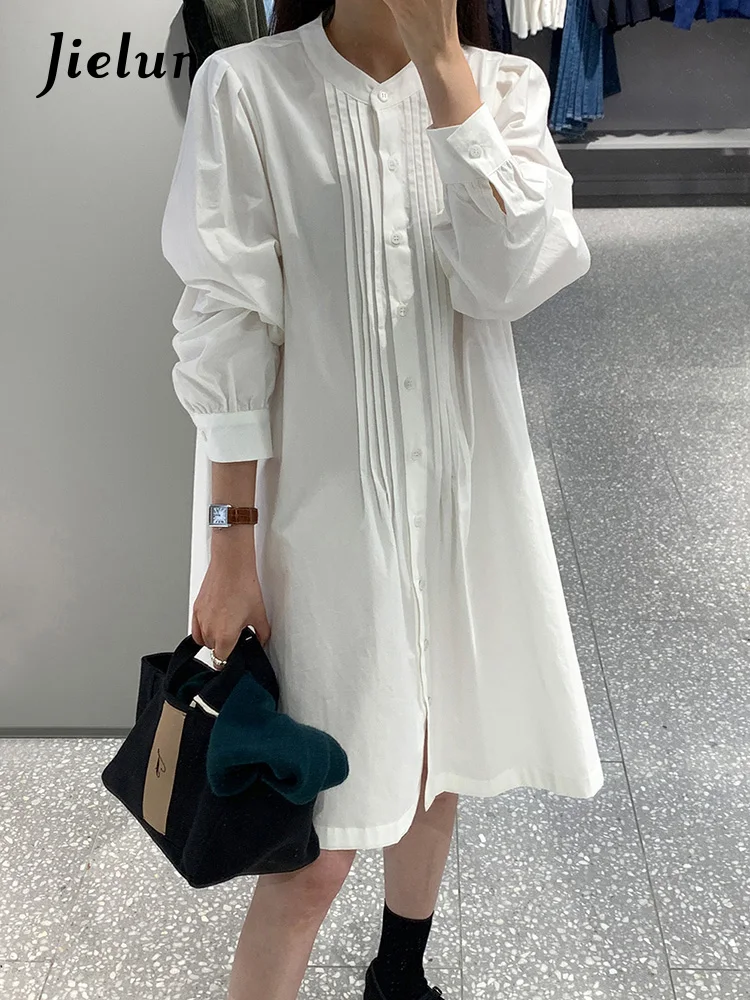 

Jielur Простое офисное модное женское платье повседневное однобортное уличное платье в Корейском стиле с пуговицами и круглым вырезом, базовое женское платье