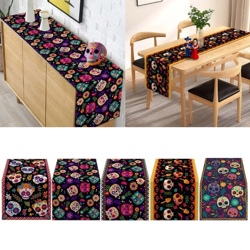 

Mexico Flower Table Runner Halloween Skull Day of The Dead Tablecloth Decoration