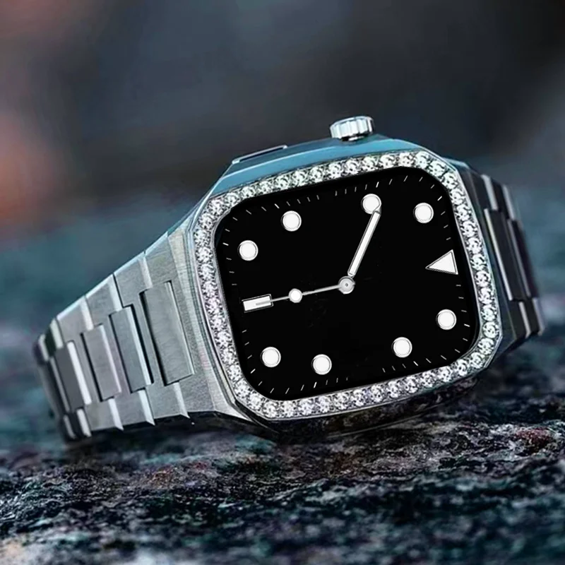 Luxury Diamond Stainless Steel Case Modification Kit for Apple Watch 6 5 4 SE Rubber＆Leather Band IWatch Series 44mm Refit Mod