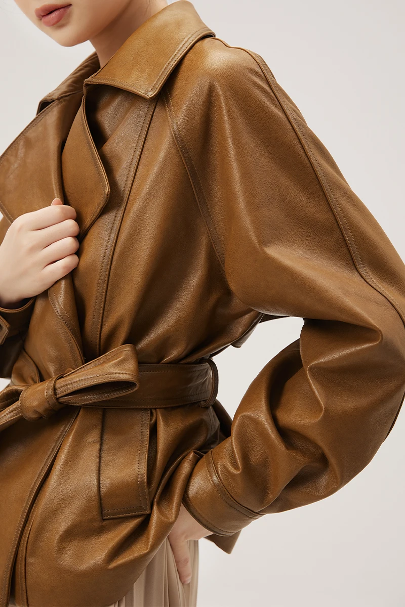 Genuine Leather Jacket for Women Sheepskin Covered Button Adjustable Waist Spring/Autumn High Street  Turn-down Collar