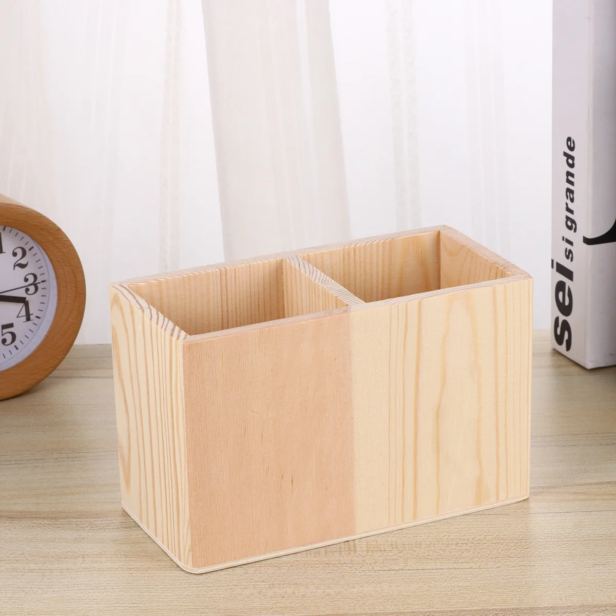 

Two Compartments Wooden Container Pen Holder Office Organizer Unfinished Solid Color Case Pot for Home Office DIY Graffiti