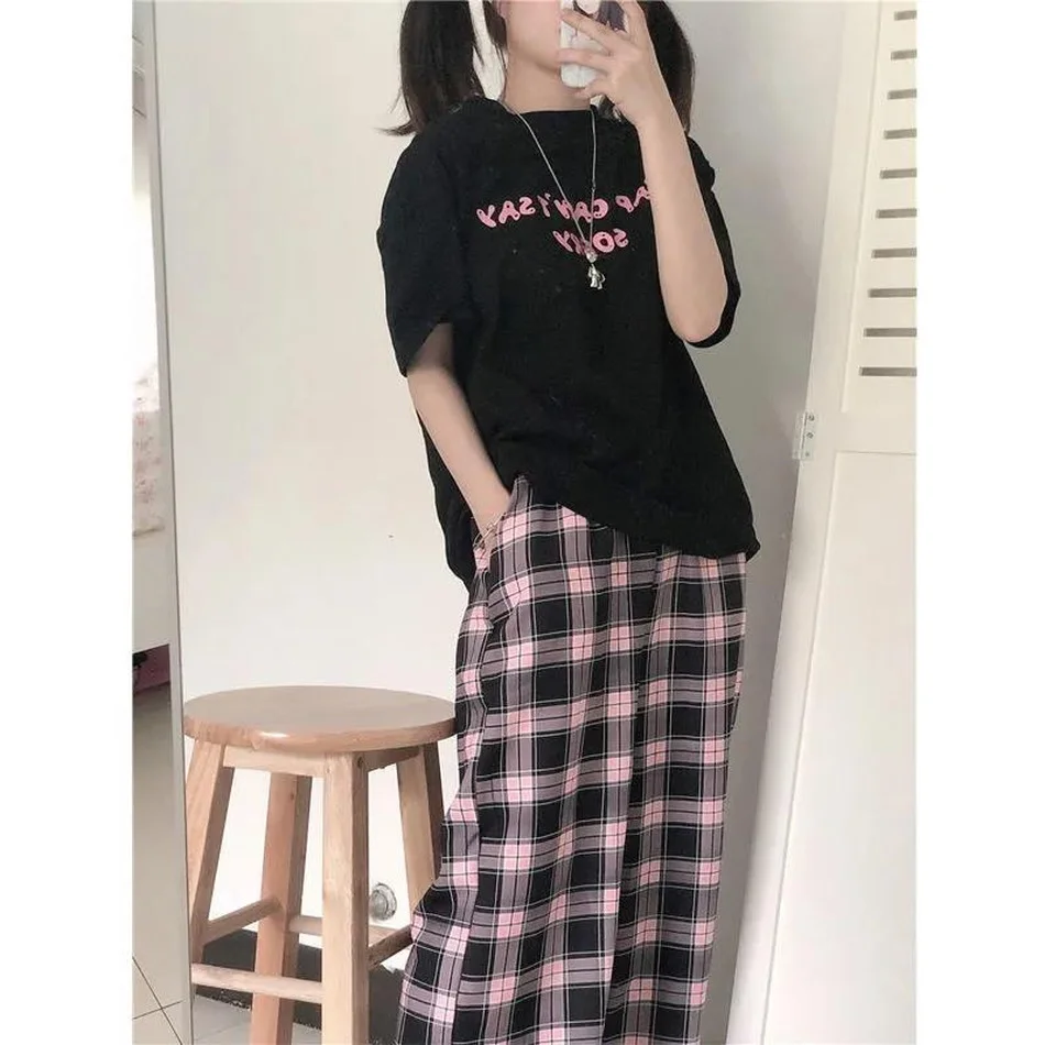 2022 Women Plaid pants Oversize spring Casual Loose Wide Leg Trousers Ins Retro Teens Straight Hiphop Streetwear | Женская одежда
