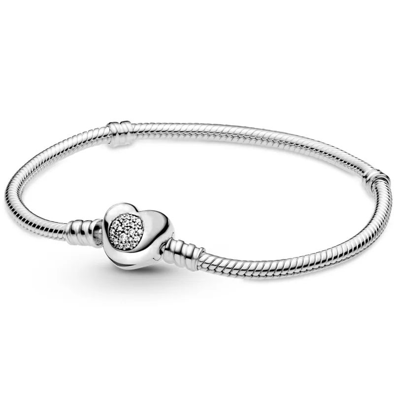 

Authentic 925 Sterling Silver Mouse Heart Clasp Snake Chain Bracelet Bangle Fit Women Bead Charm Diy Fashion Jewelry