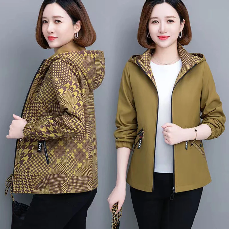 Женская двухсторонняя ветрозащитная куртка модный тренчкот со съемной шапкой на