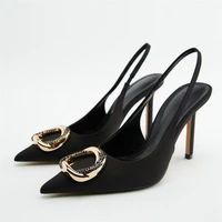 zrack summer new high heeled shoes womans 2022 black pointed golden decoration sandals slingback sexy pumps brand plus size 42