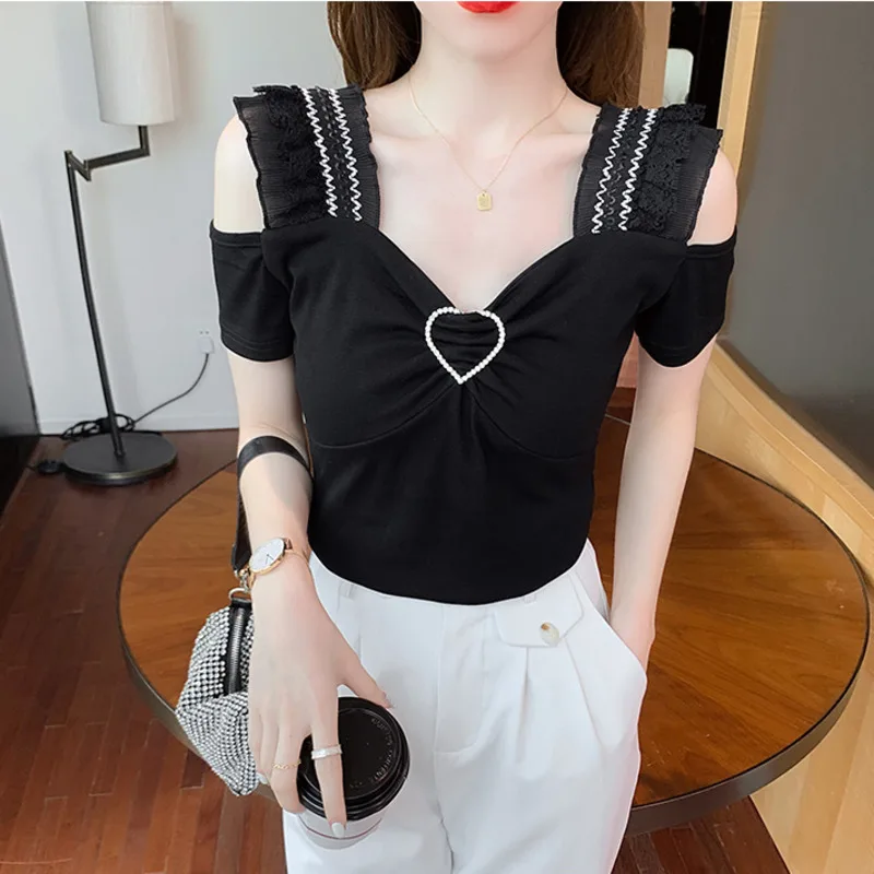 #5105 летняя черная зеленая Сексуальная футболка с открытыми плечами женская