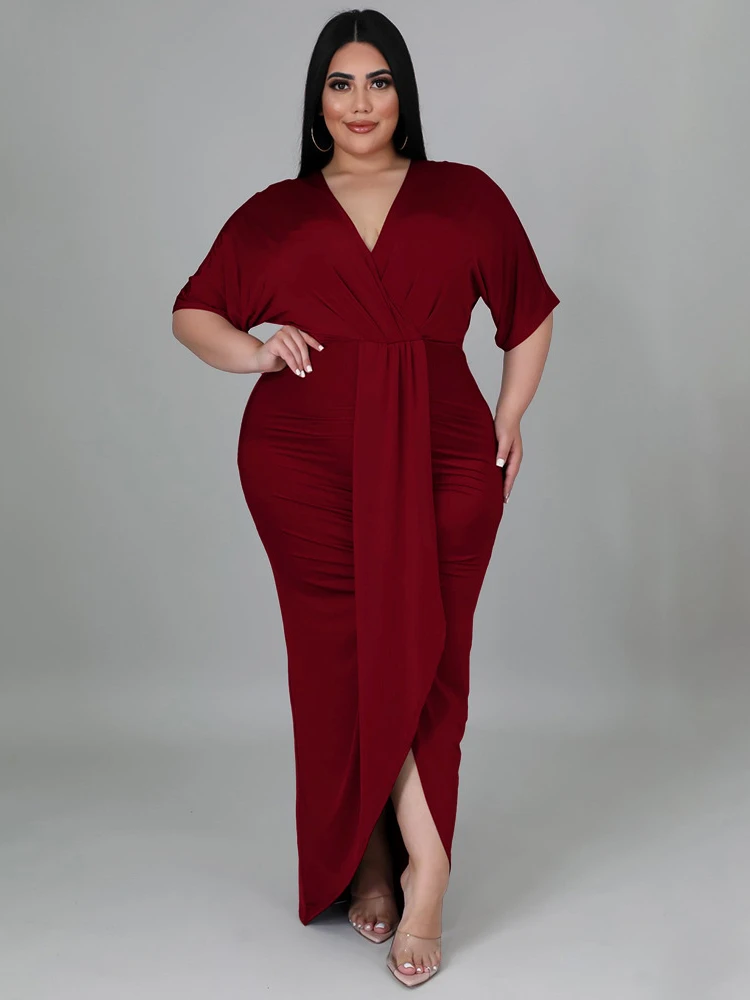 Plus Size 4XL Sexy Nightclub Dress Women V Neck Irregular Split Short Sleeve Peplum Robes Femmes Maxi Sheath Solid  Ankle-Length