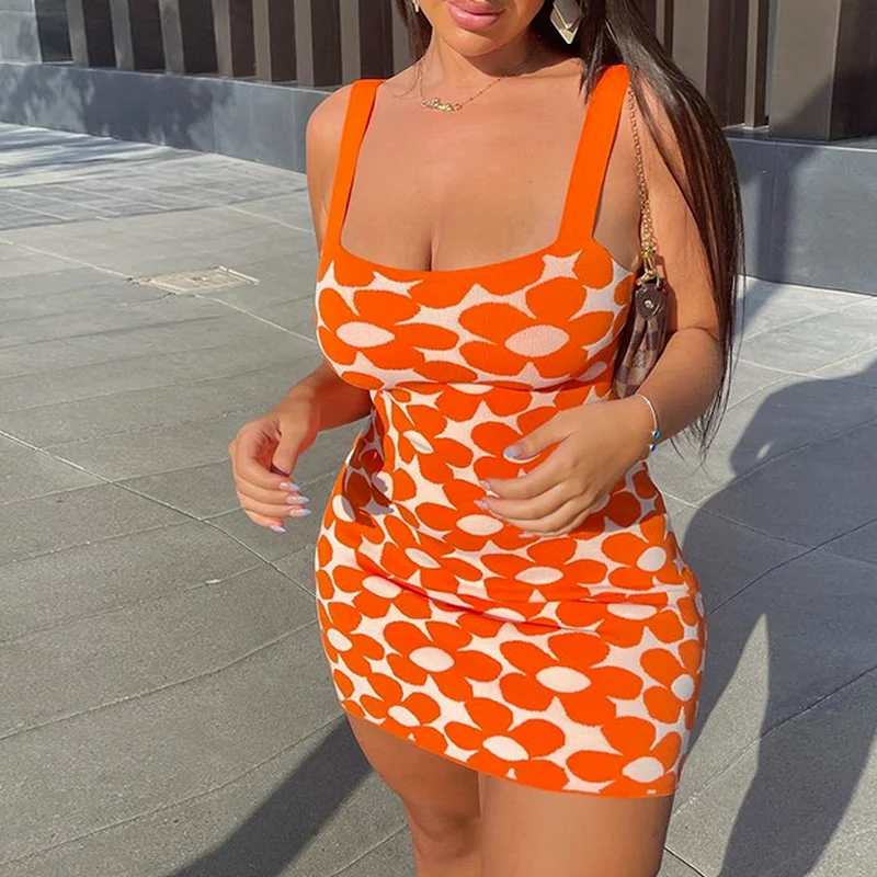 

Fashion Orange Floral Print Casual Beach Knitted Y2K Strap Summer Sexy Women Mini Dress Wrap Party Bodycon Dress 2000s Aesthetic
