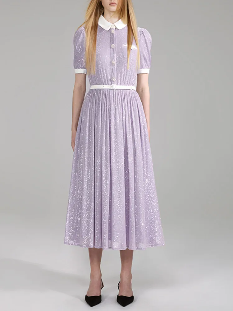 Women Sequins Bright Silk Trim Turn Down Color Contrast Short Sleeve Single Breasted Elegant Maxi Dress
