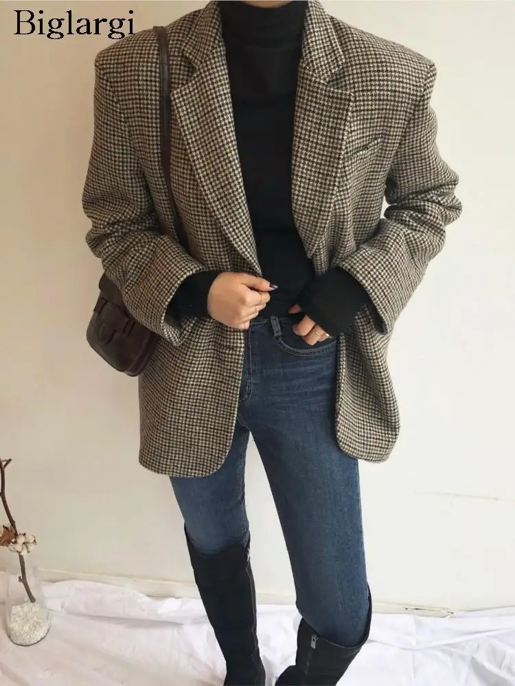 

Autumn Winter Woolen Blazer Suit Coat Women Houndstooth Plaid Print Modis Ladies Jackets Korean Loose Woman Jackets Coats 2023