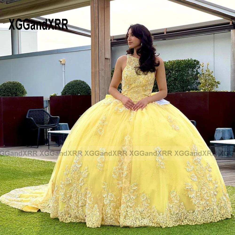 

Yellow Quinceanera Dresses 2023 with Bow Scoop Beading Sequins Applique Ball Gown Prom Dress Sweet 15 16 Princess Pageant Gowns