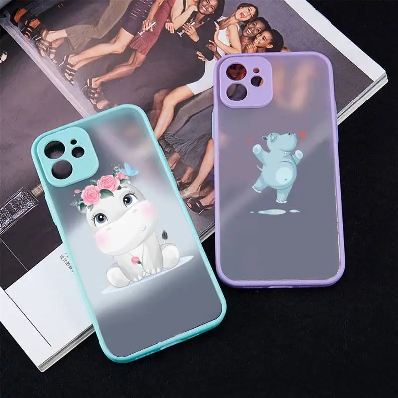 Cute hippo cartoon Elephant Phone Case For iPhone 13 12 11 Mini Pro XR XS Max 7 8 Plus X Matte transparent blue Back Cover